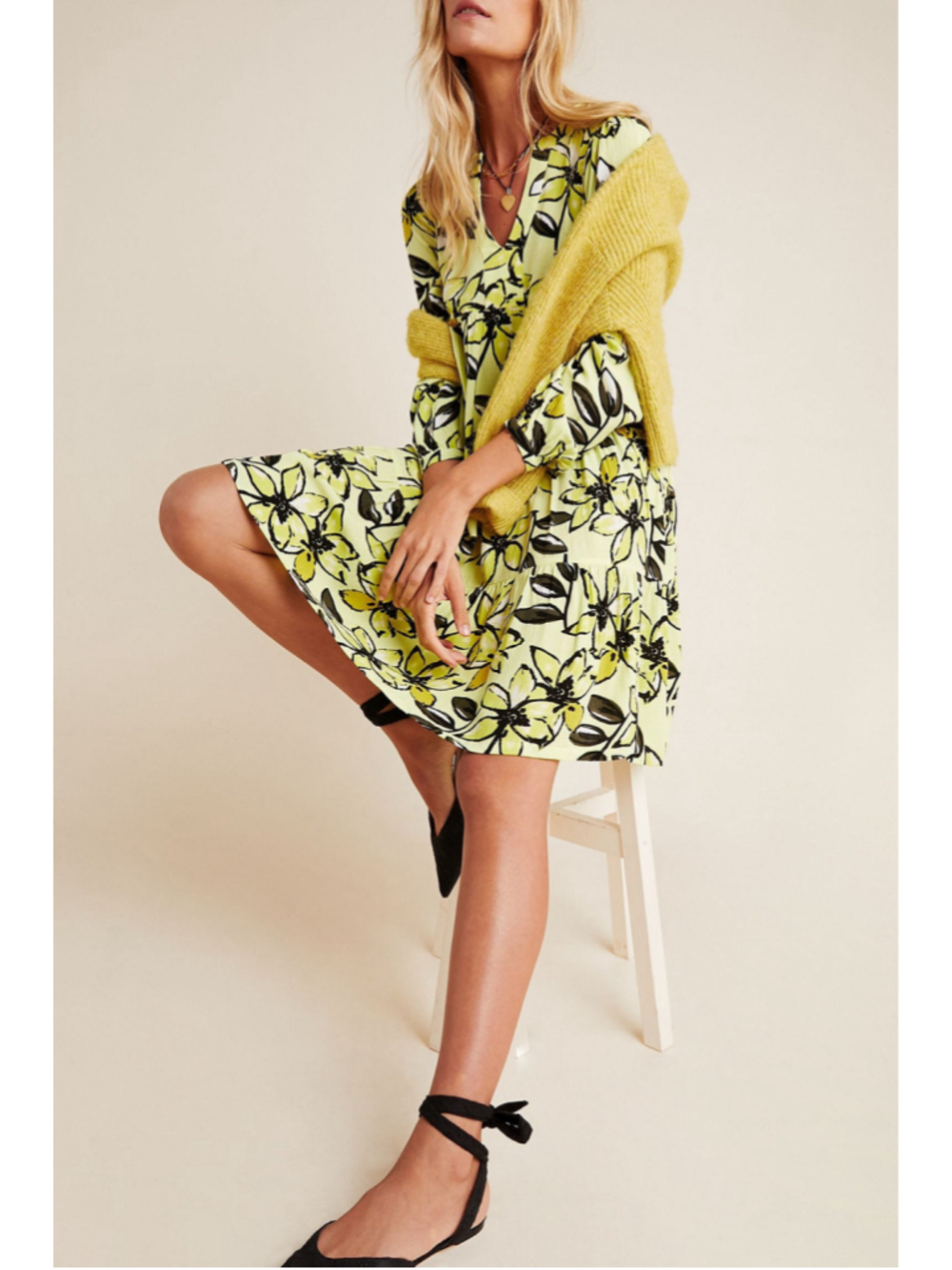 Anthropologie Maeve Long Sleeve Amber Floral Tunic Dress Size S Yellow Black